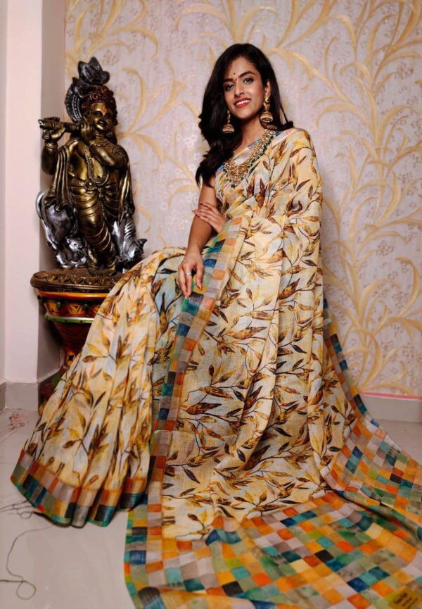 Original Linen Saree with Silver Jari Patta and Digital Print – Includes Blouse Fabric with Latkan