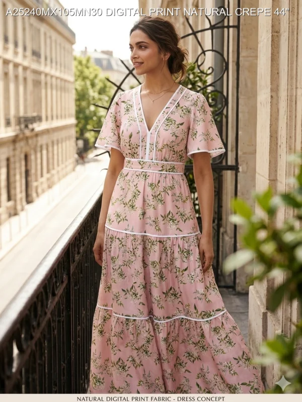 Pink floral digital print pure natural crepe fabric - High-Quality Fabric