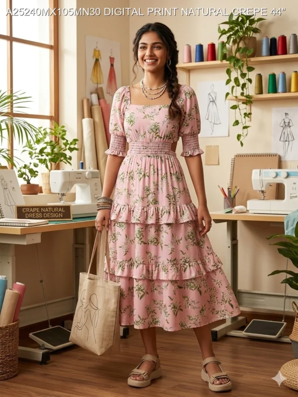 Pink floral digital print pure natural crepe fabric - High-Quality Fabric