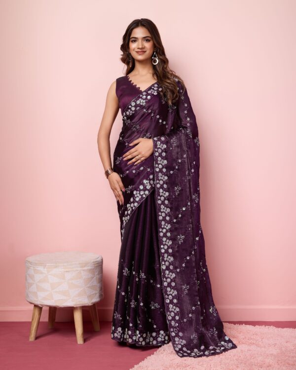 Party Wear Burberry Silk Saree With Embroidery (3)