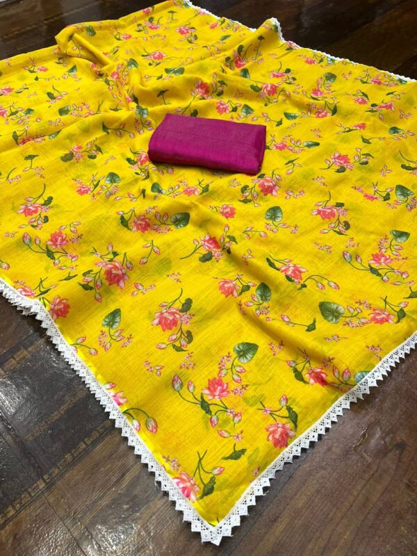 Plain Linen Saree With Digital Print And Lace Border (1)