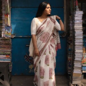 Plain Linen Saree With Digital Print (4)