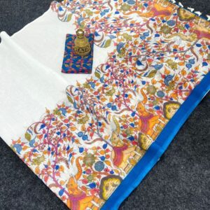 Plain Linen Saree With Digital Print Blouse (3)