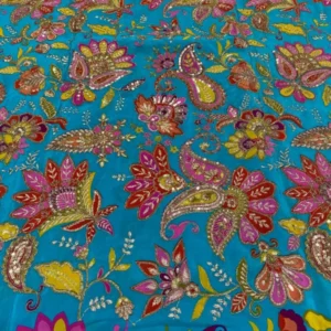 Firozy colour pure natural crepe with position emboridery on print sale - High-Quality Fabric
