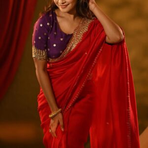 Pavitra Tyohar Red Loved Saree in soft Georgette fabric with golden sequin work, paired with a ready-to-stitch blouse, perfect for festive occasions.