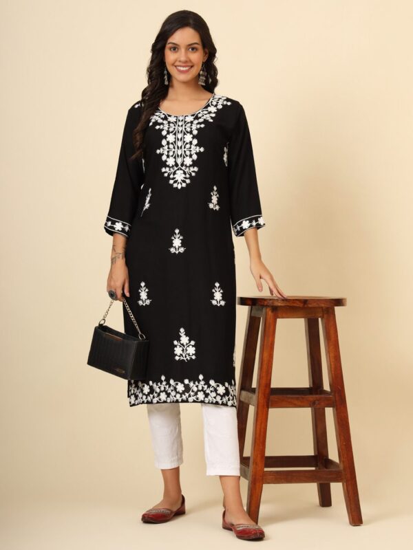 Mudra2 Kurti in Liva Rayon with Lucknowi Chickenkari Work, available in 6 colors and sizes M, L, XL. Price ₹550. Elegant and traditional design.