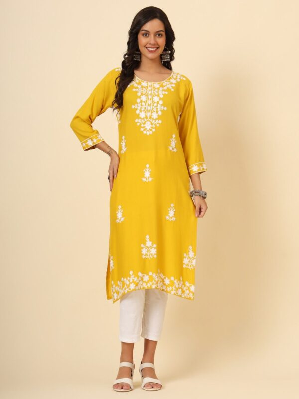 Mudra2 Kurti in Liva Rayon with Lucknowi Chickenkari Work, available in 6 colors and sizes M, L, XL. Price ₹550. Elegant and traditional design.