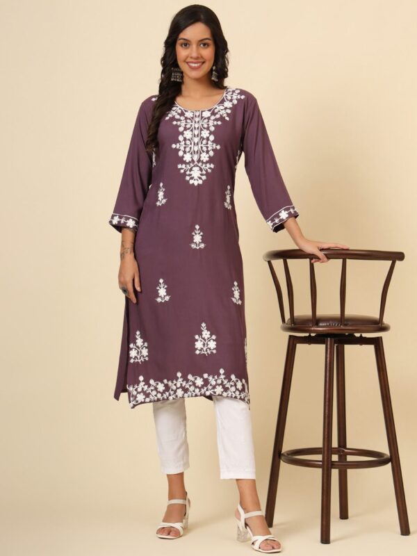 Mudra2 Kurti in Liva Rayon with Lucknowi Chickenkari Work, available in 6 colors and sizes M, L, XL. Price ₹550. Elegant and traditional design.