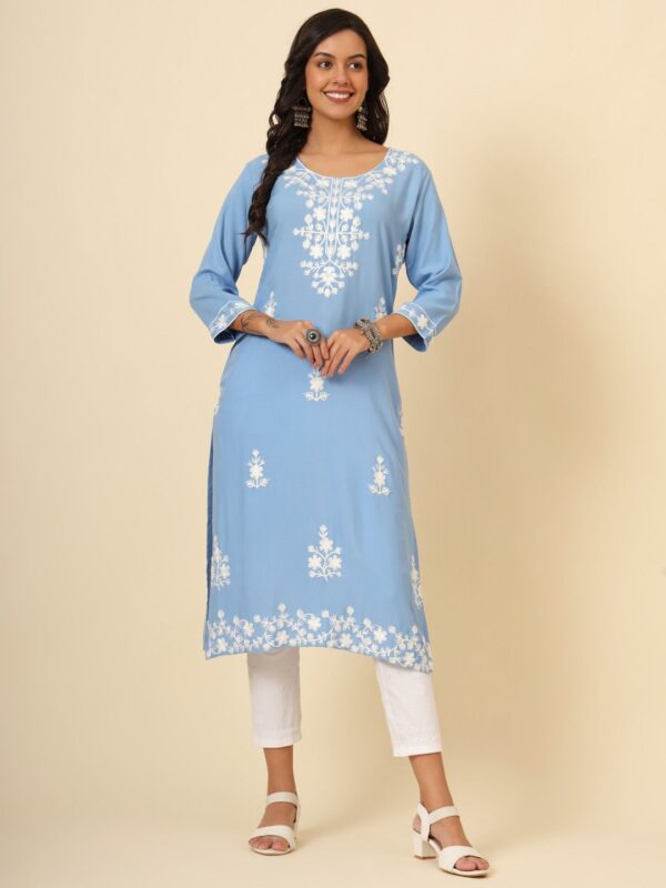 Mudra2 Kurti in Liva Rayon with Lucknowi Chickenkari Work, available in 6 colors and sizes M, L, XL. Price ₹550. Elegant and traditional design.