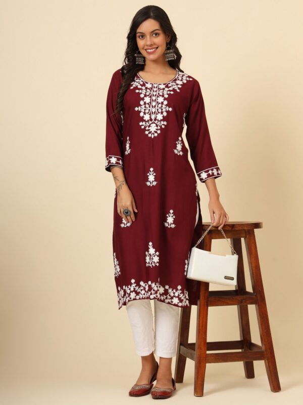 Mudra2 Kurti in Liva Rayon with Lucknowi Chickenkari Work, available in 6 colors and sizes M, L, XL. Price ₹550. Elegant and traditional design.