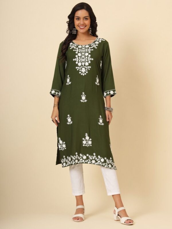 Mudra2 Kurti in Liva Rayon with Lucknowi Chickenkari Work, available in 6 colors and sizes M, L, XL. Price ₹550. Elegant and traditional design.