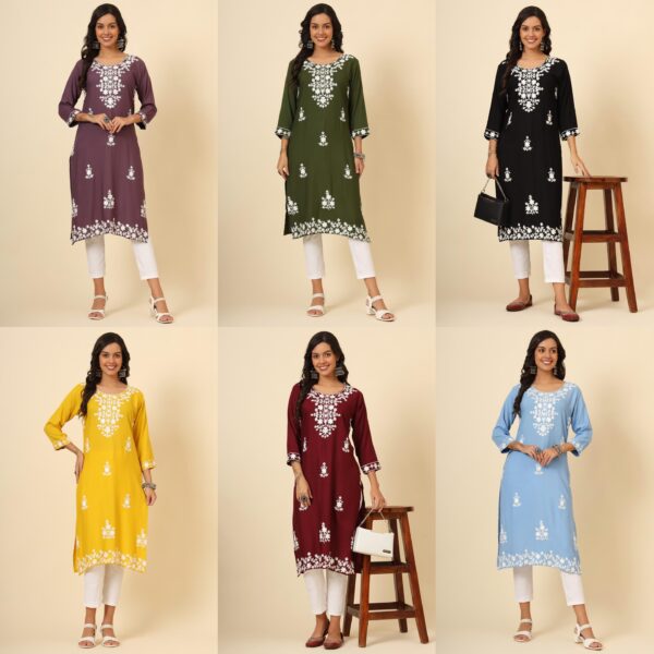 Mudra2 Kurti in Liva Rayon with Lucknowi Chickenkari Work, available in 6 colors and sizes M, L, XL. Price ₹550. Elegant and traditional design.