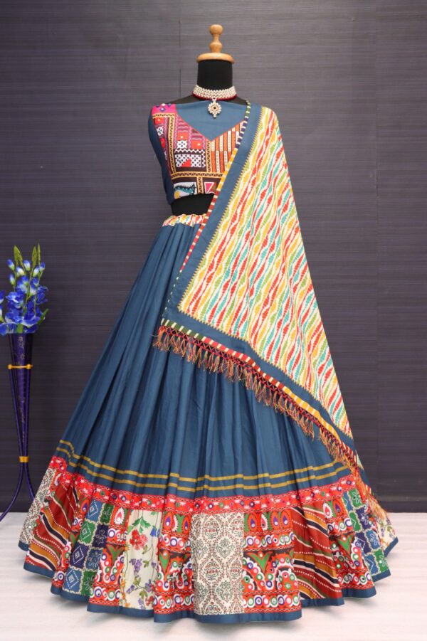 Muslin Cotton Lehenga Choli with digital print, real mirror work, semi-stitched lehenga, unstitched blouse, and muslin cotton dupatta – VC Series 109