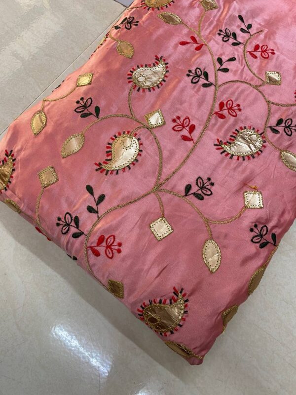 Soft silk fabric with intricate Gota embroidery, 44 inches wide, perfect for creating elegant and traditional outfits.