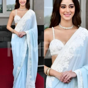 Ananya pandey embroidered georgette saree party wear bollywood fabric store - High-Quality Fabric