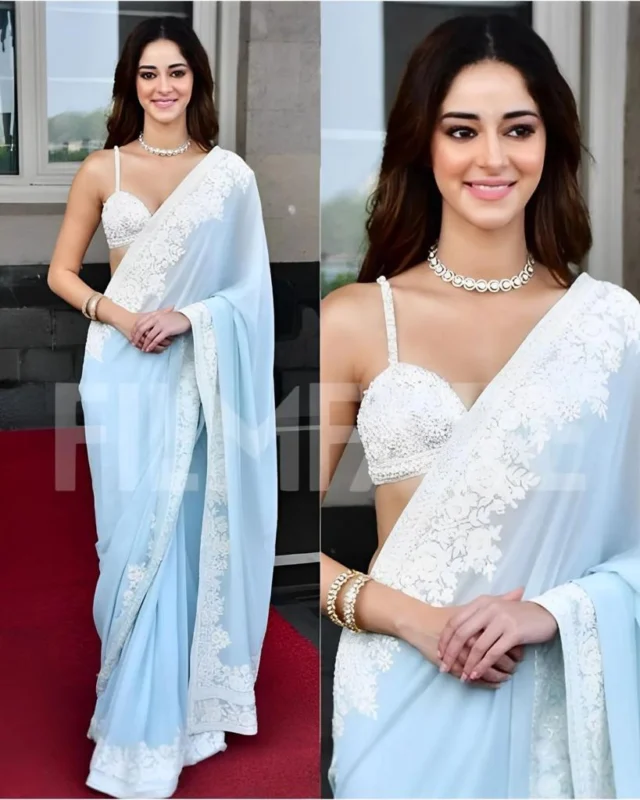 Ananya pandey embroidered georgette saree party wear bollywood fabric store - High-Quality Fabric