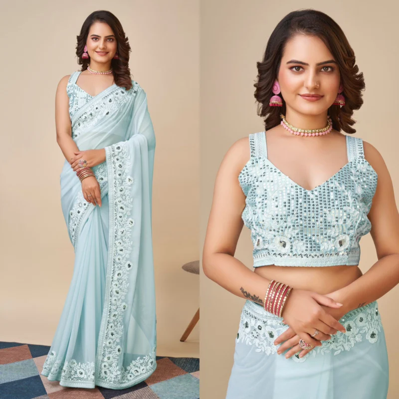 Ananya pandey embroidered georgette saree party wear bollywood fabric store - High-Quality Fabric