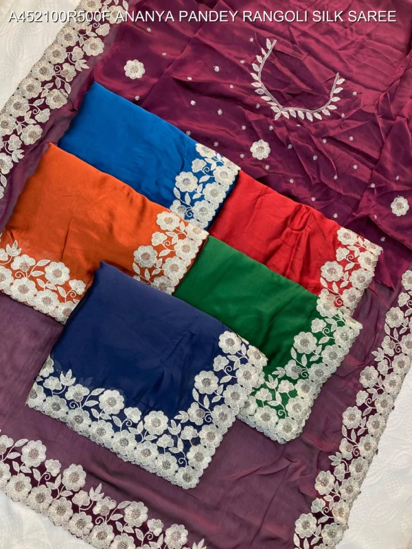 Ananya pandey wine rangoli silk saree with embroidery work - High-Quality Fabric