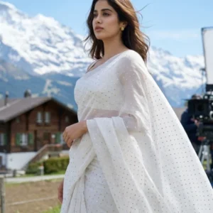 Janhvi kapoor white pure viscose organza mukesh work saree - High-Quality Fabric