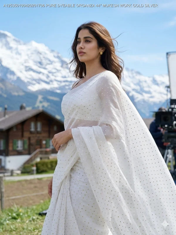 Janhvi kapoor white pure viscose organza mukesh work saree - High-Quality Fabric