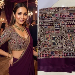 Malaika arora style wine georgette heavy embroidery blouse saree - High-Quality Fabric