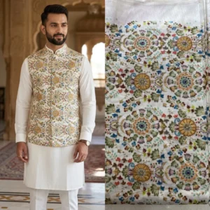 Designer raw silk koti with position embroidery 038 print for men - High-Quality Fabric