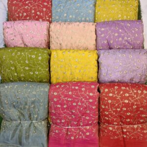 Luxurious Pure Shimmer Tissue Silk - ₹380/m, ideal for bridal and luxury fashion.