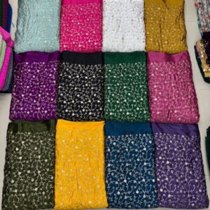 Elegant Chinon Embroidery Fabric with heavy all-over sequin design. Perfect for festive and evening wear. Soft, luxurious drape at ₹320 per meter.