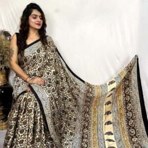 Pure Modal Silk sarees featuring hand block prints with Kalamkari, Indigo, and Vanaspati designs. Comes with a blouse.