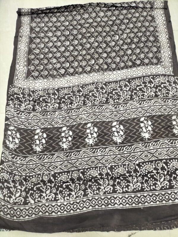 Pure Modal Silk sarees featuring hand block prints with Kalamkari, Indigo, and Vanaspati designs. Comes with a blouse.