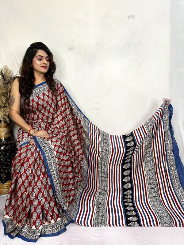 Pure Modal Silk sarees featuring hand block prints with Kalamkari, Indigo, and Vanaspati designs. Comes with a blouse.