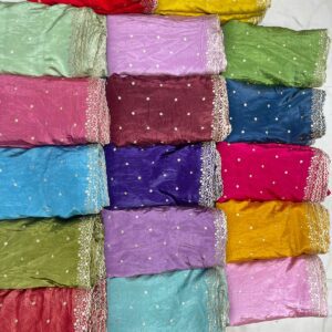 Soft Smooth Silk Hand Crush fabric with heavy both-side border cutwork, perfect for sarees, dupattas, and premium fashion.