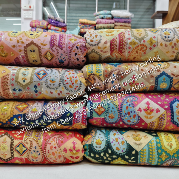 Soft Chinon Flowy Fabric with heavy cording sequins embroidery and placement print, perfect for designer outfits. ₹325 per meter.