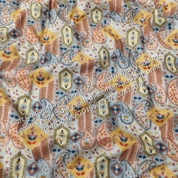 Soft Chinon Flowy Fabric with heavy cording sequins embroidery and placement print, perfect for designer outfits. ₹325 per meter.