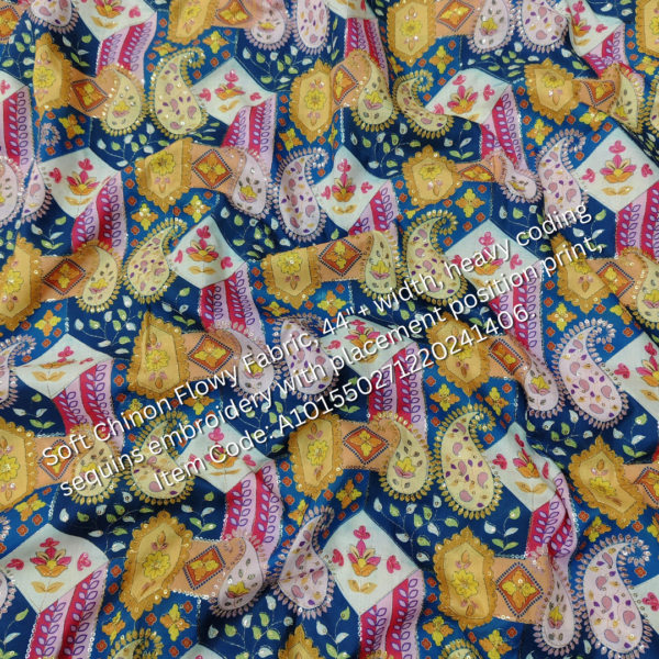 Soft Chinon Flowy Fabric with heavy cording sequins embroidery and placement print, perfect for designer outfits. ₹325 per meter.