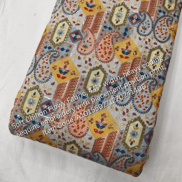 Soft Chinon Flowy Fabric with heavy cording sequins embroidery and placement print, perfect for designer outfits. ₹325 per meter.