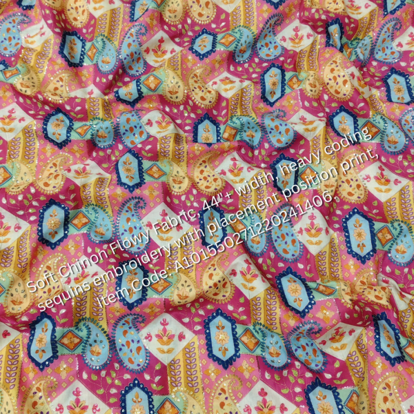 Soft Chinon Flowy Fabric with heavy cording sequins embroidery and placement print, perfect for designer outfits. ₹325 per meter.