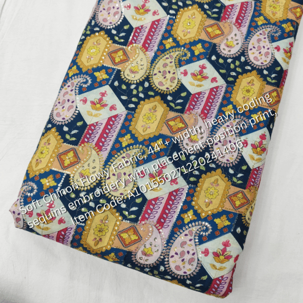 Soft Chinon Flowy Fabric with heavy cording sequins embroidery and placement print, perfect for designer outfits. ₹325 per meter.