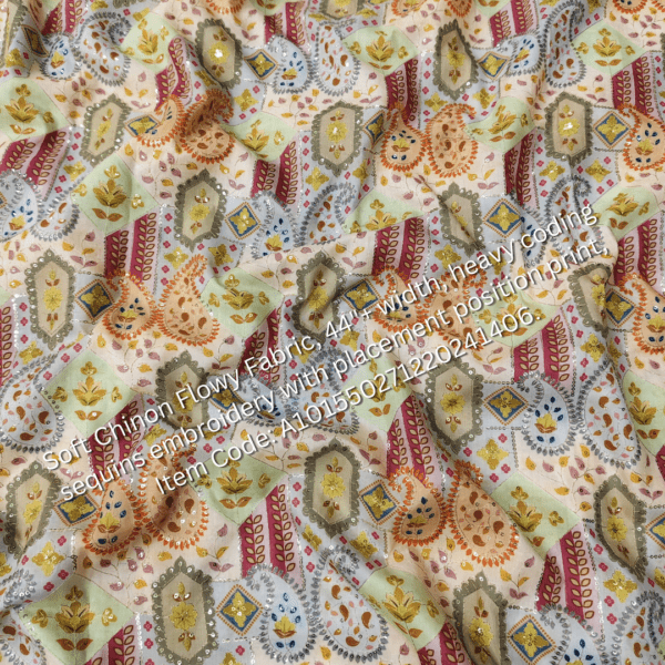 Soft Chinon Flowy Fabric with heavy cording sequins embroidery and placement print, perfect for designer outfits. ₹325 per meter.