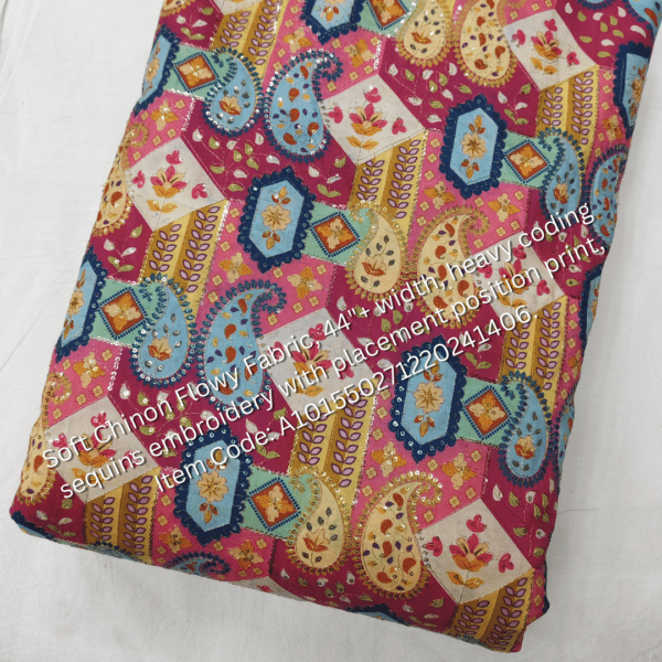 Soft Chinon Flowy Fabric with heavy cording sequins embroidery and placement print, perfect for designer outfits. ₹325 per meter.