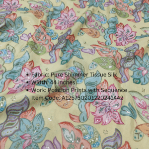 Pure Shimmer Tissue Silk with intricate handwork, cut dana, and moti. Perfect for dyeable, luxurious designer outfits. ₹430 per meter.