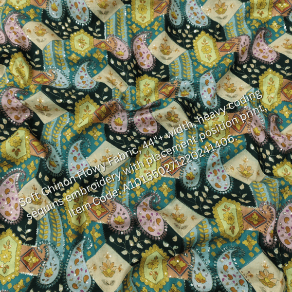 Soft Chinon Flowy Fabric with heavy cording sequins embroidery and placement print, perfect for designer outfits. ₹325 per meter.