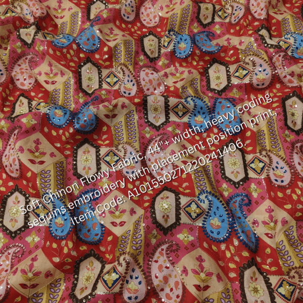 Soft Chinon Flowy Fabric with heavy cording sequins embroidery and placement print, perfect for designer outfits. ₹325 per meter.