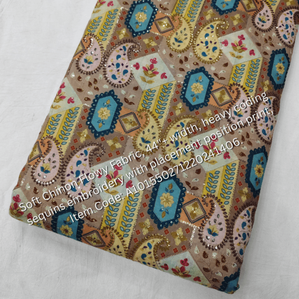 Soft Chinon Flowy Fabric with heavy cording sequins embroidery and placement print, perfect for designer outfits. ₹325 per meter.