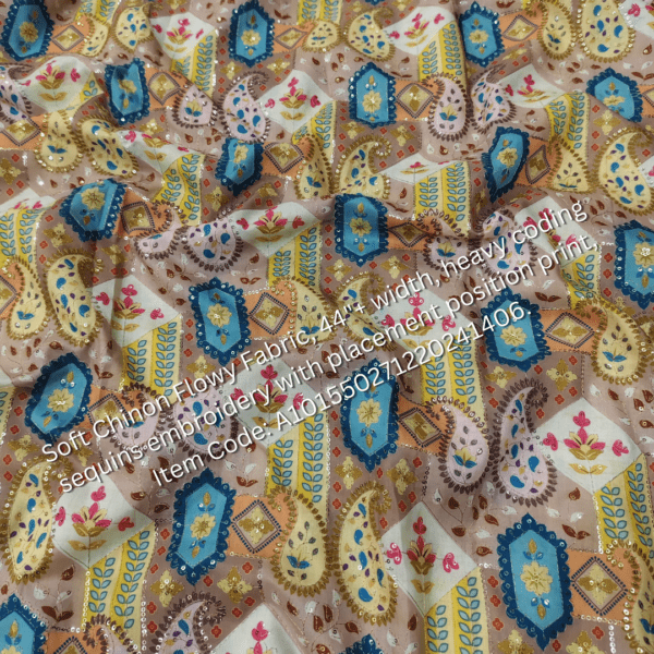 Soft Chinon Flowy Fabric with heavy cording sequins embroidery and placement print, perfect for designer outfits. ₹325 per meter.