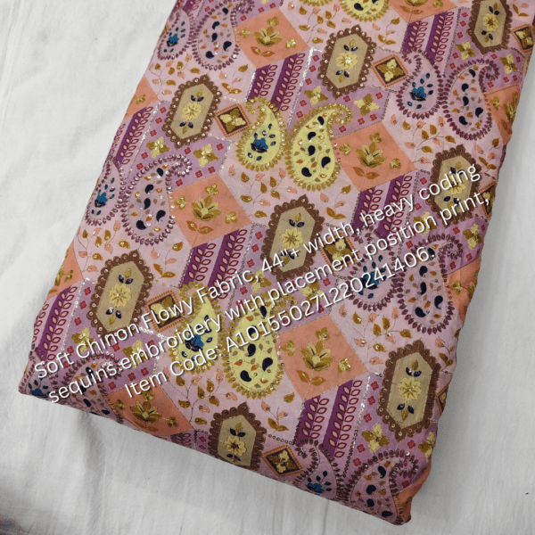 Soft Chinon Flowy Fabric with heavy cording sequins embroidery and placement print, perfect for designer outfits. ₹325 per meter.