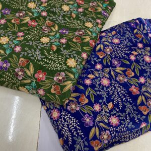 Pure Natural Crepe fabric with floral embroidery, ₹710 per meter, ideal for bridal and occasion wear.