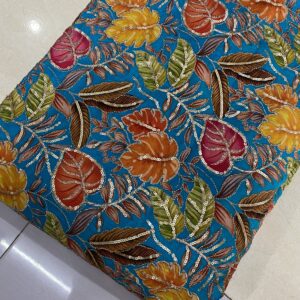 Pure Natural Crepe fabric with heavy cording position print embroidery in exclusive Firozi shade, ₹740 per meter, ideal for bridal and festive wear.