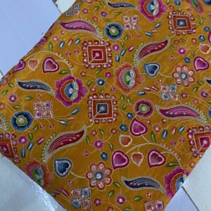 Pure Natural Crepe fabric with heavy cording position print embroidery, ₹680 per meter, ideal for bridal and festive attire.