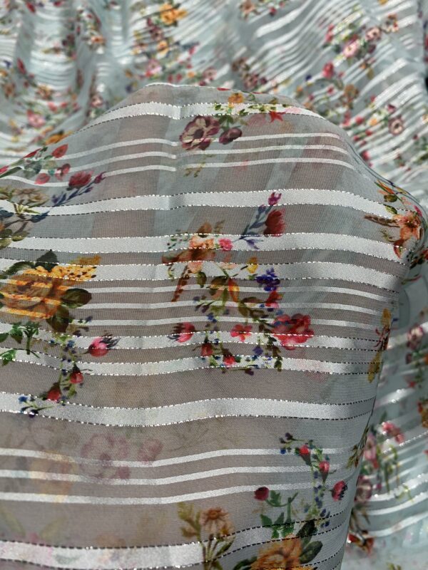 Elegant Georgette Fabric 44" Digital Print + Satin Stripes, lightweight and perfect for chic outfits. ₹120/m.